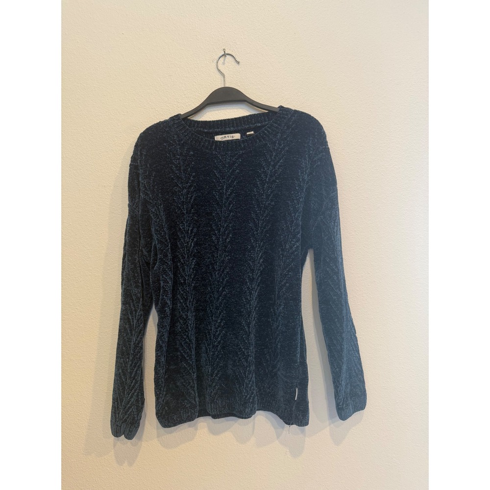 Orvis Womens Navy Blue Chenille Chevron Cable Knit Crew Neck Sweater Large
